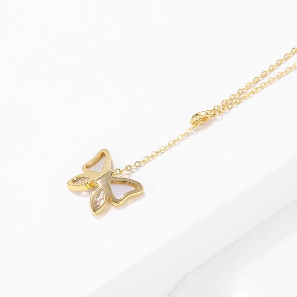 Butterfly Y Necklace | Mother of Pearl & CZ Stone 14k Gold Plated